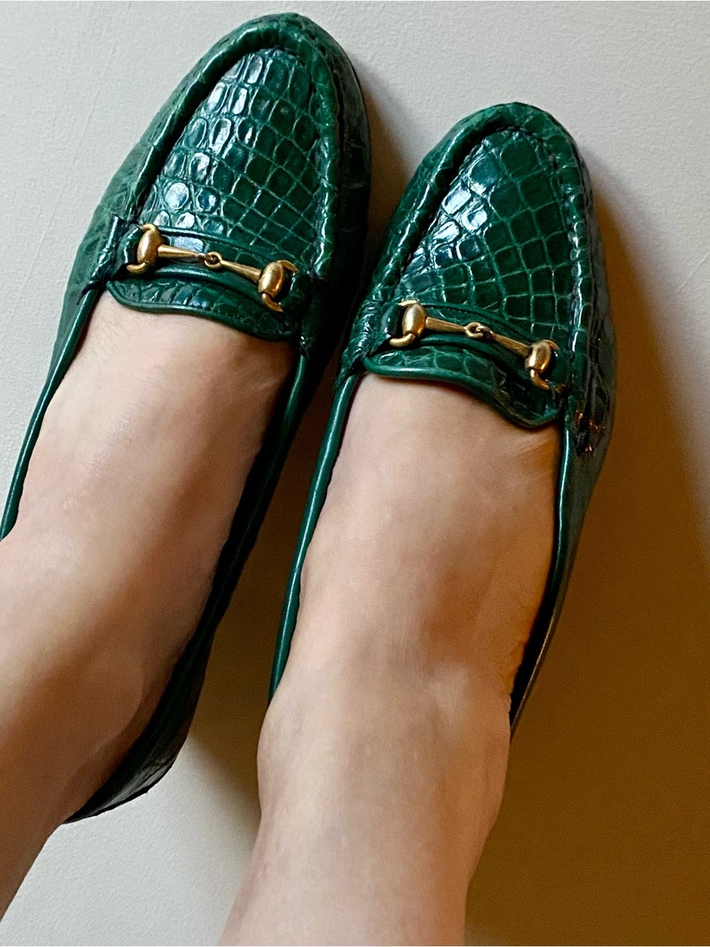 True vintage Gucci green crocodile skin horsebit loafers 1970s